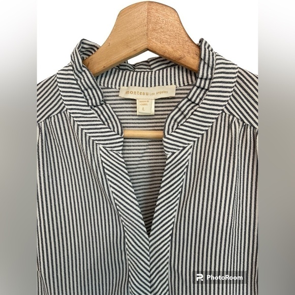 Monteau Seersucker Womens Ruffle Striped Babydoll 3/4 Length Sleeve Blouse Top L - Picture 4 of 6
